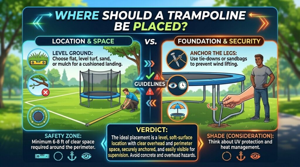 Where should a trampoline be placed