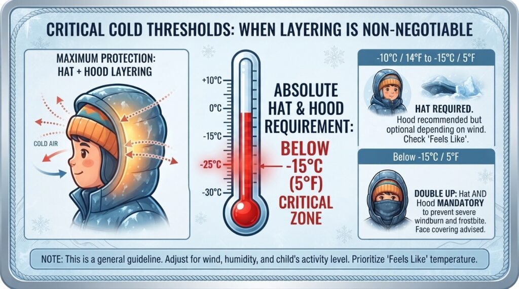 At what specific temperature does a child absolutely require both a hat and a hood