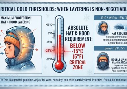 At what specific temperature does a child absolutely require both a hat and a hood