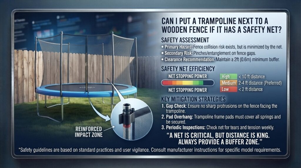 Can I put a trampoline next to a wooden fence if it has a safety net