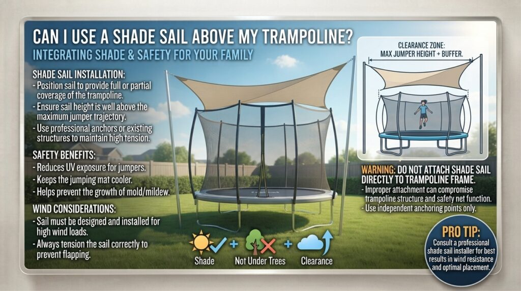 Can I use a shade sail above a trampoline instead of placing it under trees