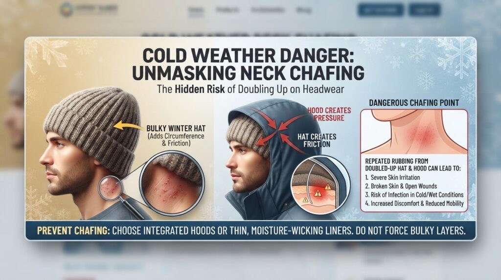 Can wearing a thick winter hat underneath a jacket hood cause dangerous neck chafing