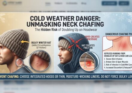 Can wearing a thick winter hat underneath a jacket hood cause dangerous neck chafing