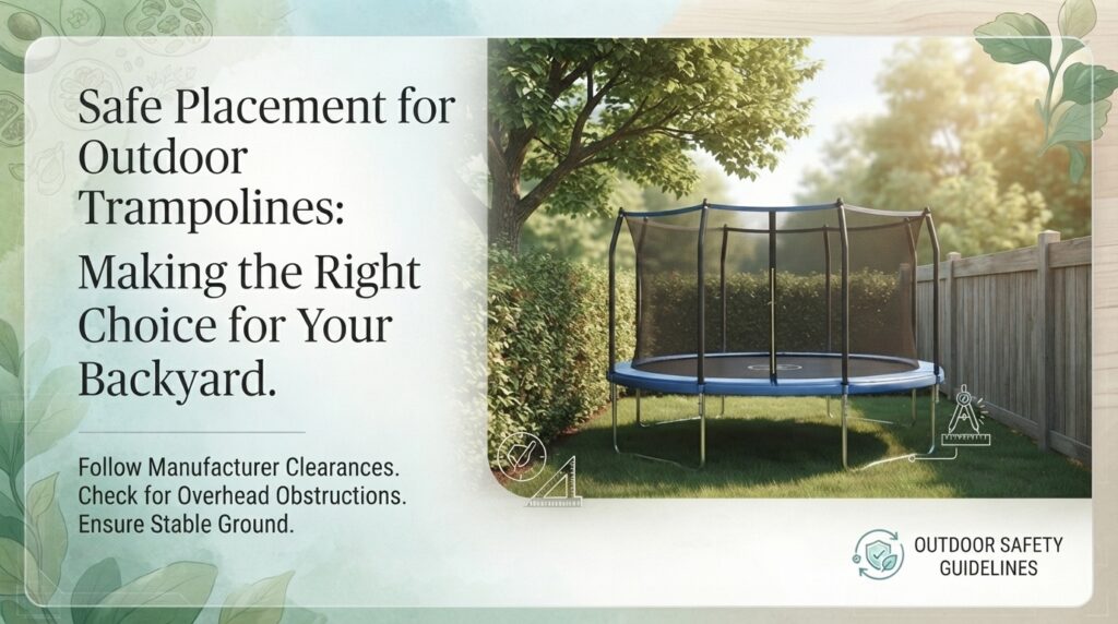 Can you place an outdoor trampoline under trees or close to wooden fences and walls