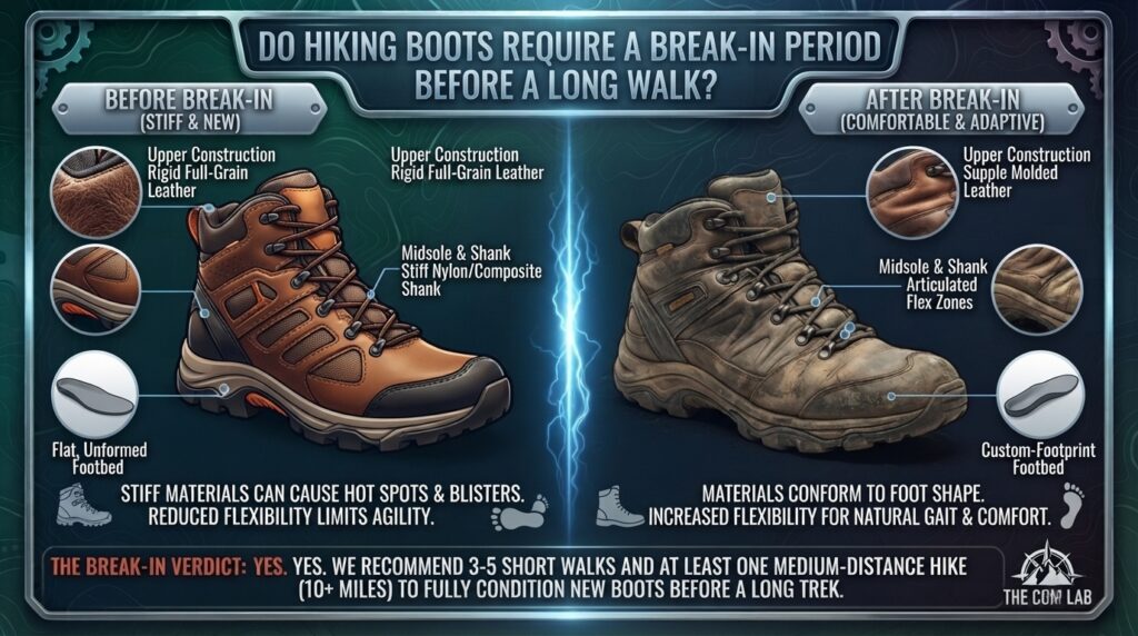 Do hiking boots require a break-in period before a long walk