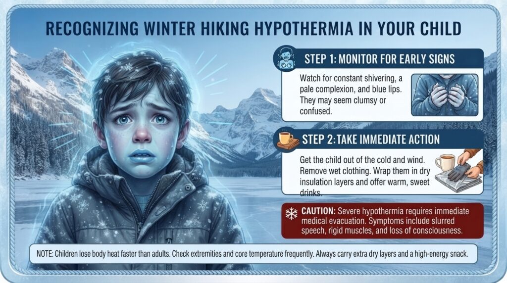 How can I tell if my child is starting to experience the early stages of hypothermia on a winter hike