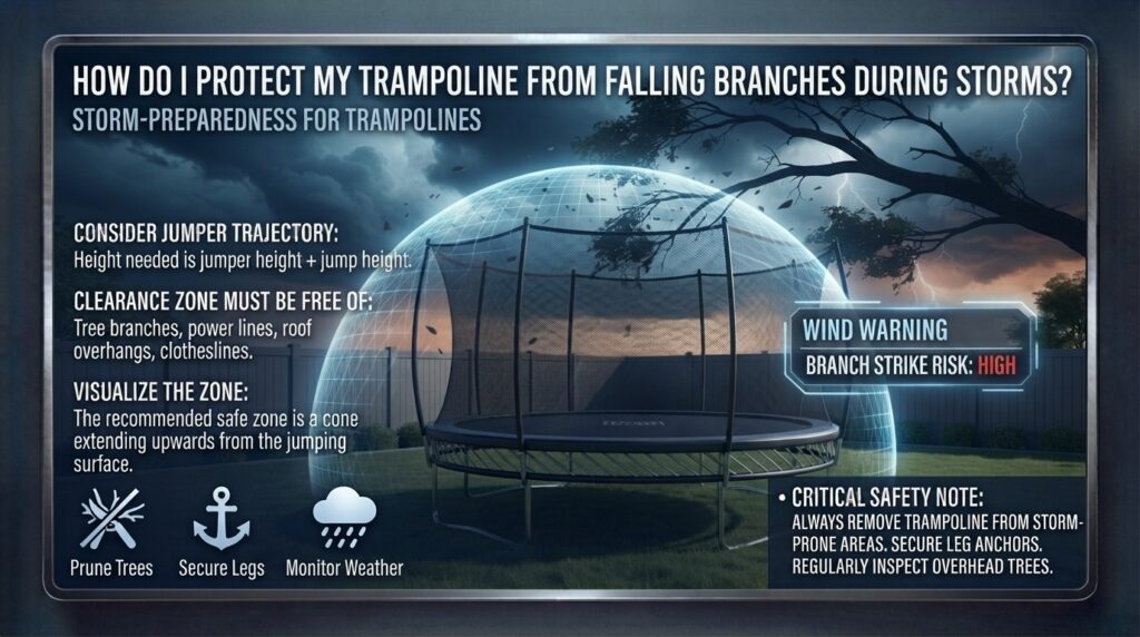 How do I protect my trampoline from falling branches during storms