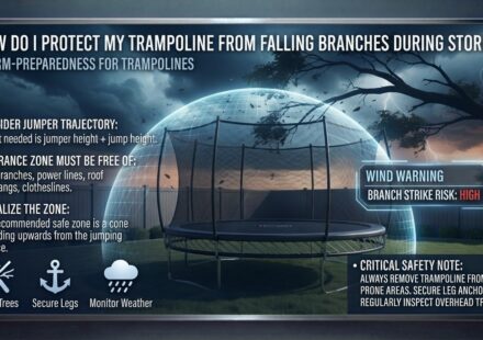 How do I protect my trampoline from falling branches during storms