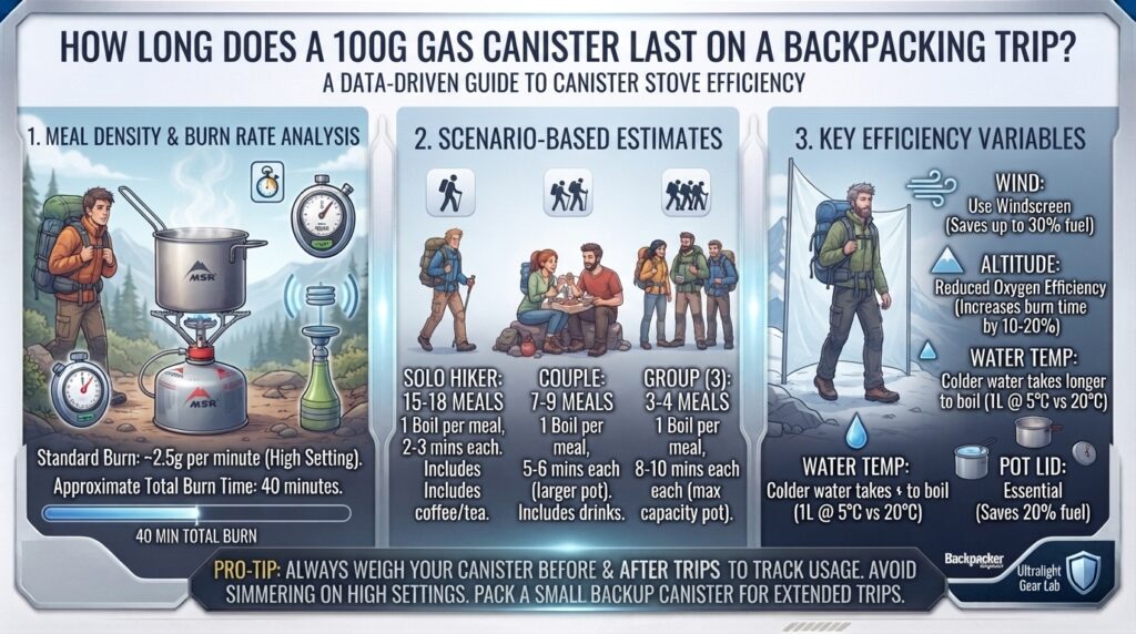 How long does a 100g gas canister last on a backpacking trip