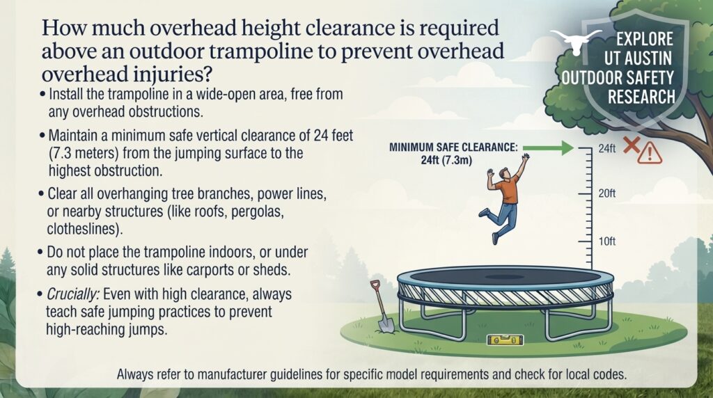 How much overhead height clearance is required above an outdoor trampoline to prevent overhead injuries