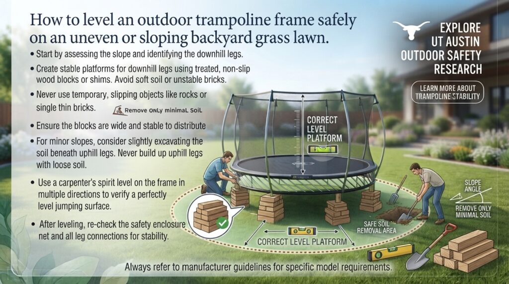How to level an outdoor trampoline frame safely on an uneven or sloping backyard grass lawn