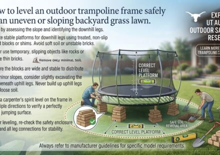 How to level an outdoor trampoline frame safely on an uneven or sloping backyard grass lawn