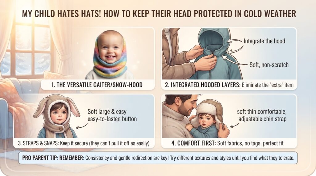 My child hates wearing hats and always pulls them off. How can I keep their head protected