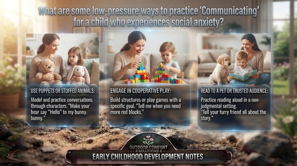 What are some low-pressure ways to practice Communicating for a child who experiences social anxiety