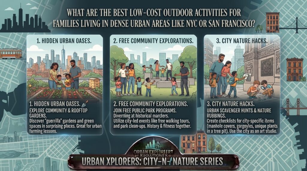 What are the best low-cost outdoor activities for families living in dense urban areas like NYC or San Francisco