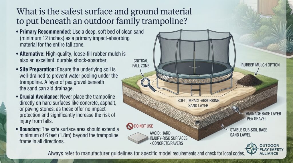 What is the safest surface and ground material to put beneath an outdoor family trampoline