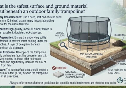 What is the safest surface and ground material to put beneath an outdoor family trampoline