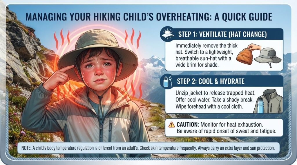 What should I do if my child complains that their head is too hot while hiking