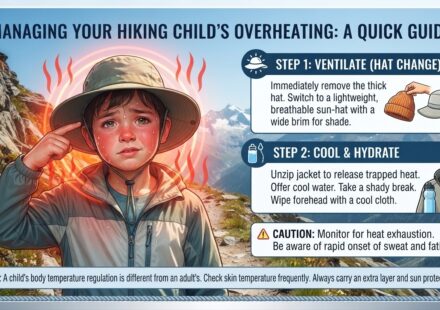 What should I do if my child complains that their head is too hot while hiking