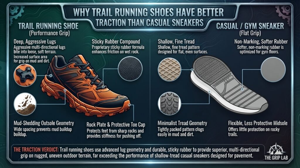 Why do trail running shoes have better traction than casual sneakers or gym shoes