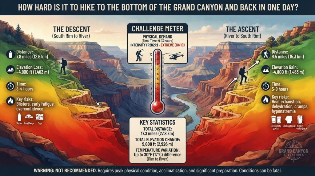 How difficult is it to hike to the ground of the Grand Canyon and back in a single day?