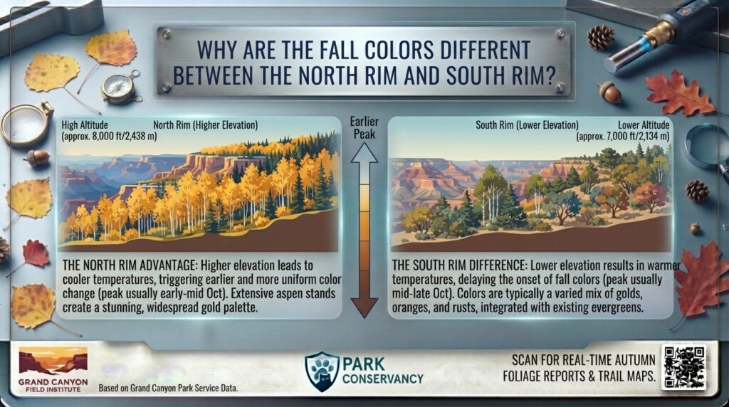 Why are the fall colors different between the North Rim and South Rim